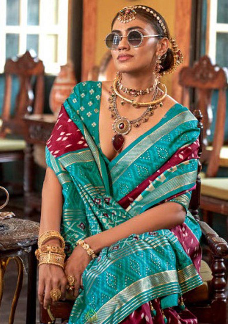 Maroon Embroidered Silk Saree Set - Indya