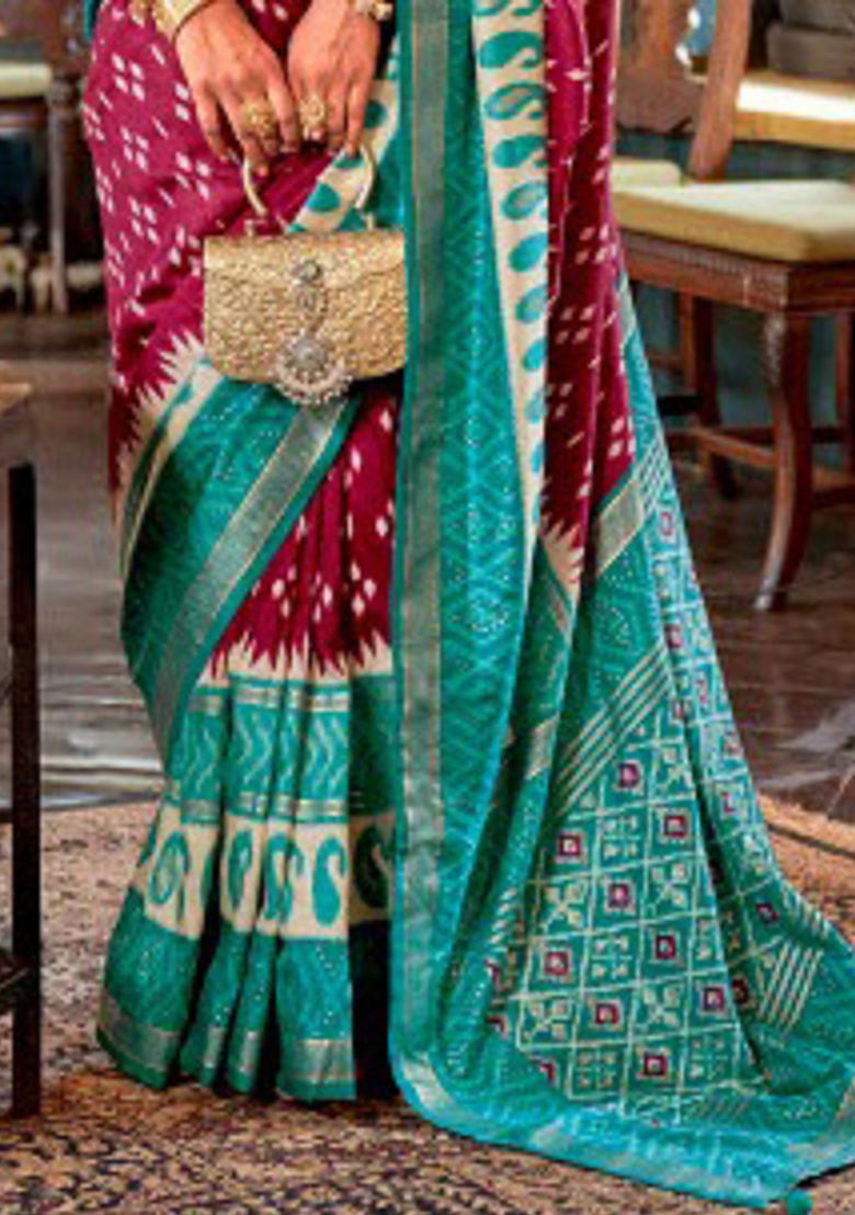 Maroon Embroidered Silk Saree Set - Indya