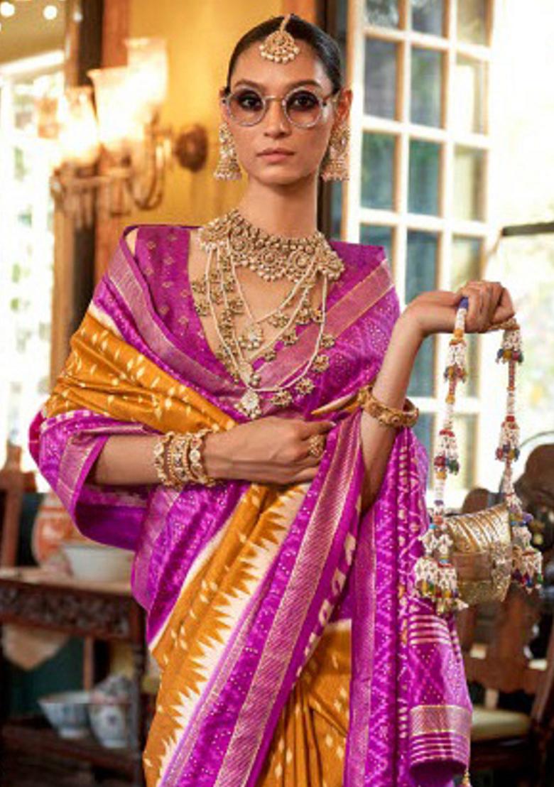 Yellow Embroidered Silk Saree Set - Indya