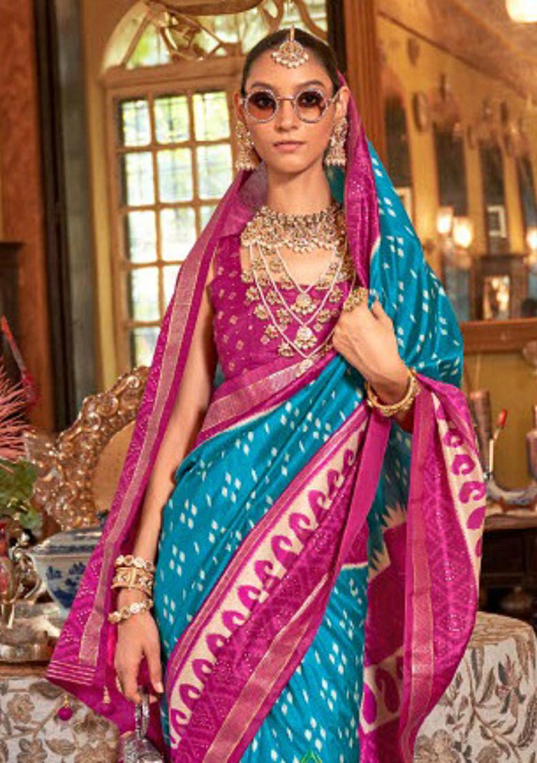 Blue Embroidered Silk Saree Set - Indya