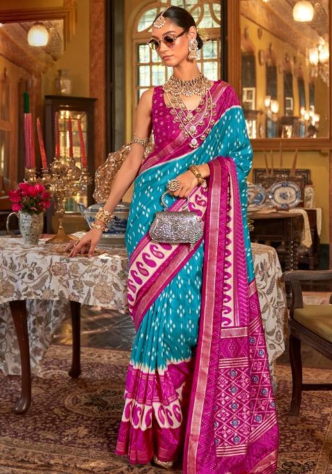 Blue Embroidered Silk Saree Set