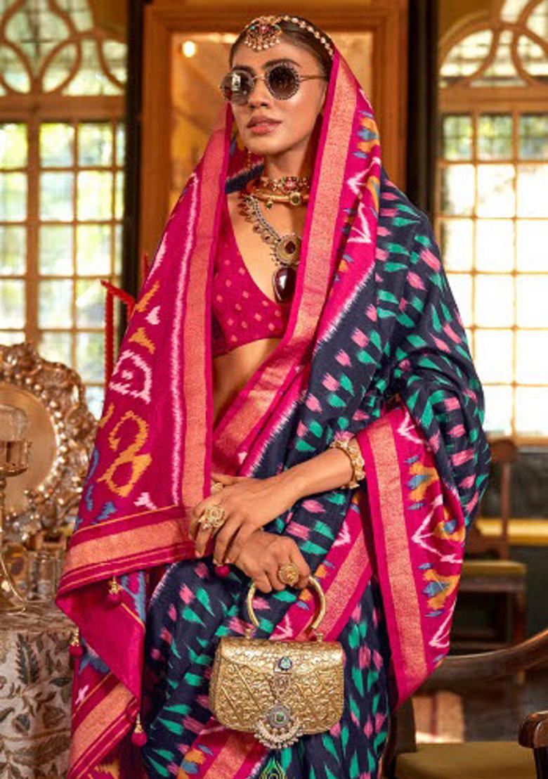 Blue Embroidered Silk Saree Set - Indya