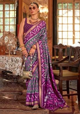 Grey Embroidered Silk Saree Set