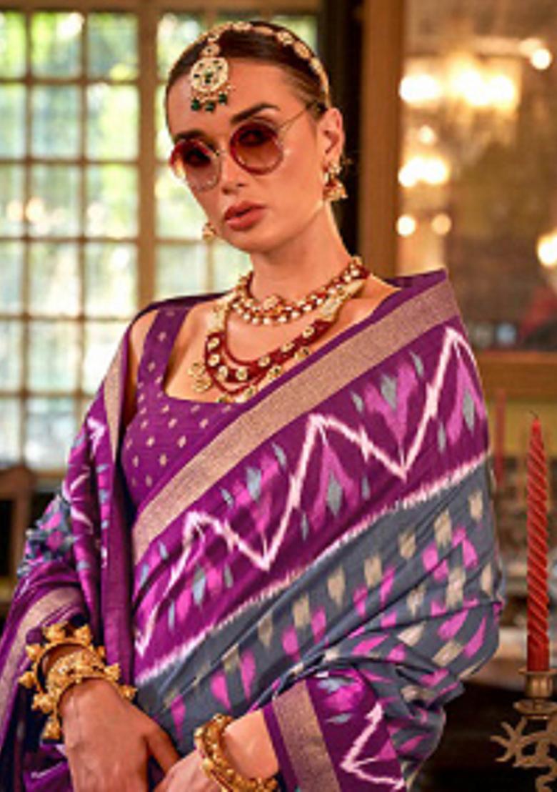 Grey Embroidered Silk Saree Set - Indya