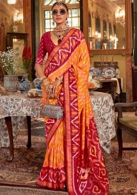 Orange Embroidered Silk Saree Set