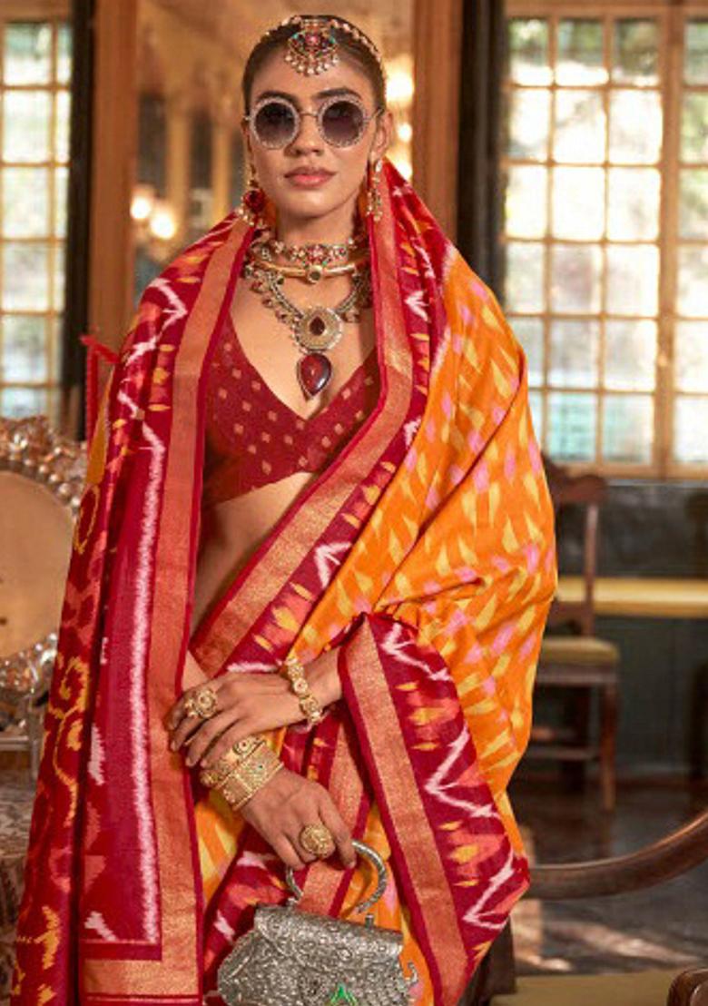 Orange Embroidered Silk Saree Set - Indya