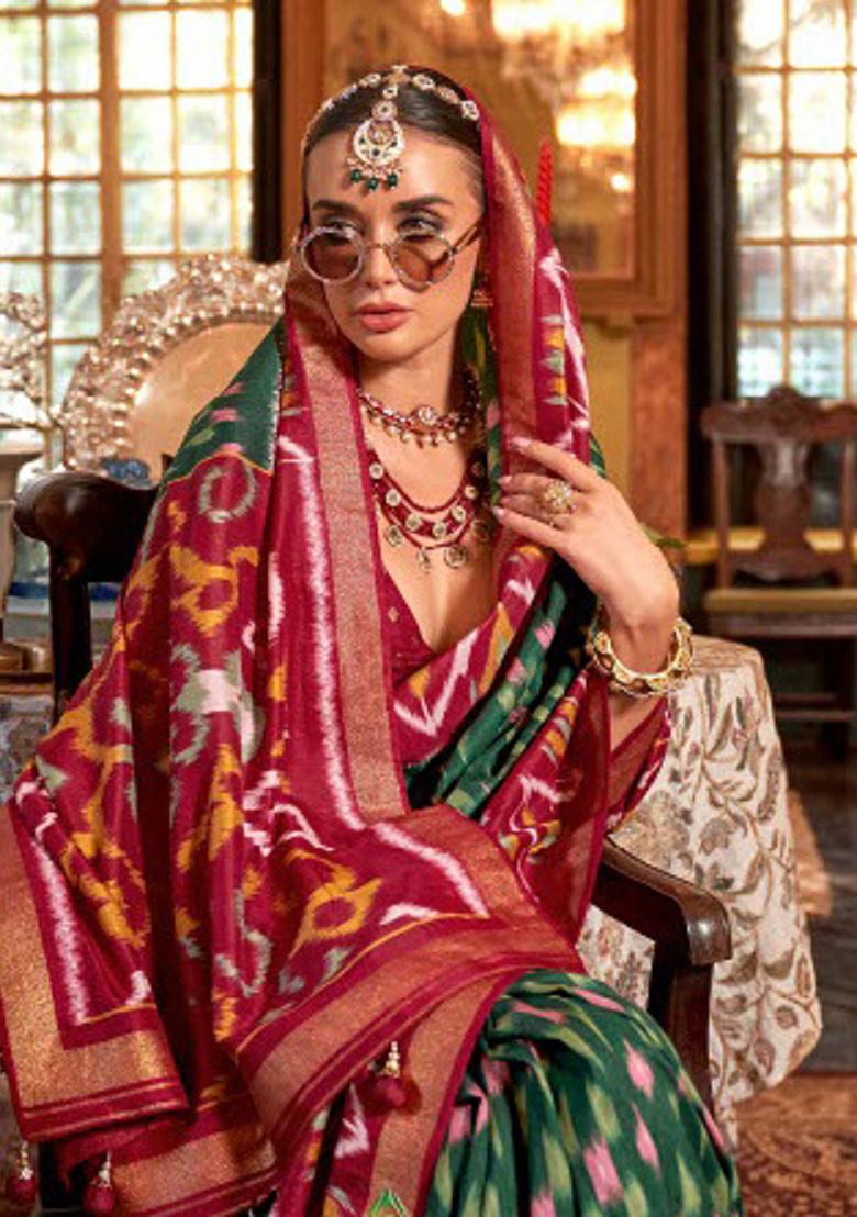 Green Embroidered Silk Saree Set - Indya