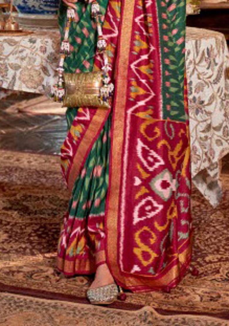 Green Embroidered Silk Saree Set - Indya