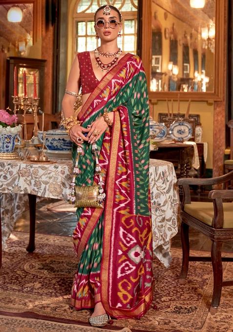 Green Embroidered Silk Saree Set