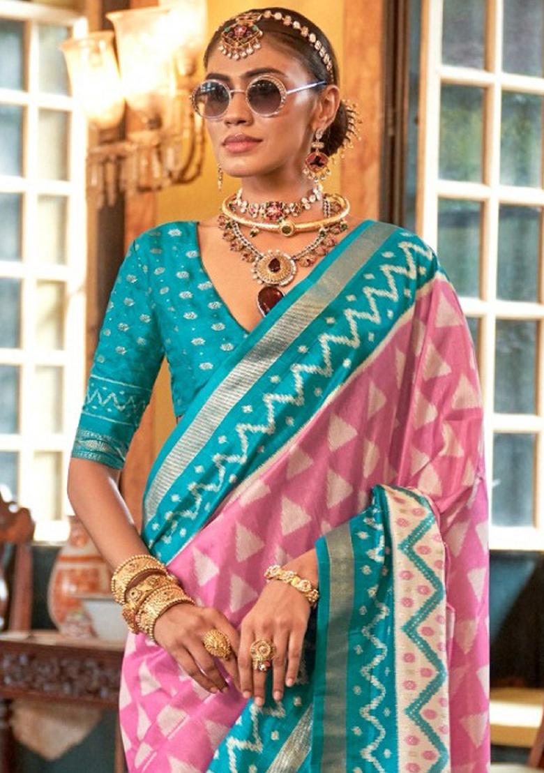 Pink Embroidered Silk Saree Set - Indya