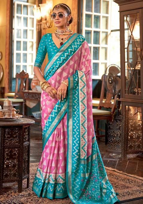 Pink Embroidered Silk Saree Set