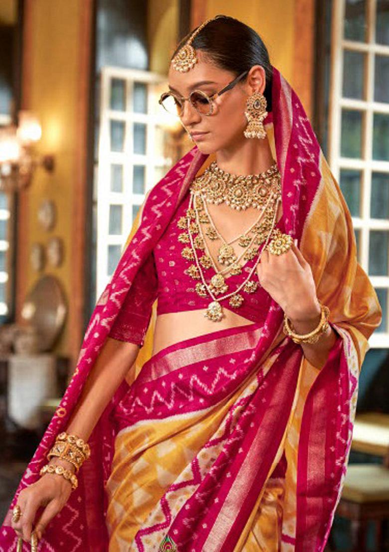 Yellow Embroidered Silk Saree Set - Indya