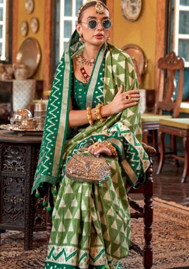 Green Embroidered Silk Saree Set - Indya