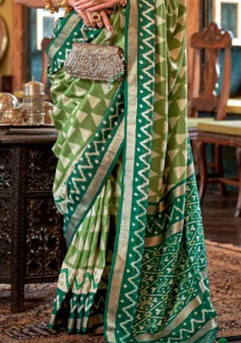 Green Embroidered Silk Saree Set - Indya