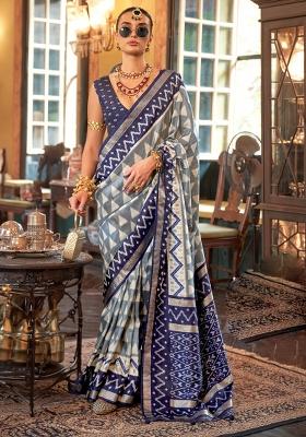 Grey Embroidered Silk Saree Set