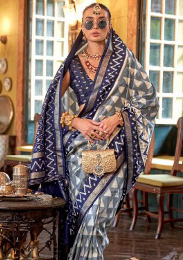 Grey Embroidered Silk Saree Set - Indya