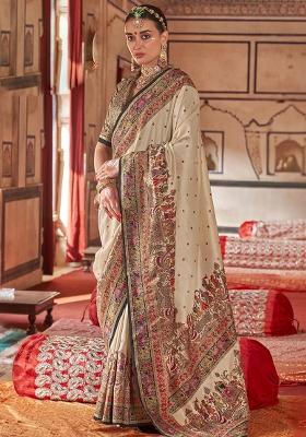 Beige Embroidered Silk Saree Set
