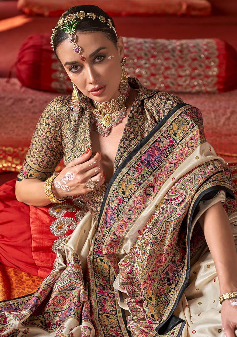 Beige Embroidered Silk Saree Set - Indya