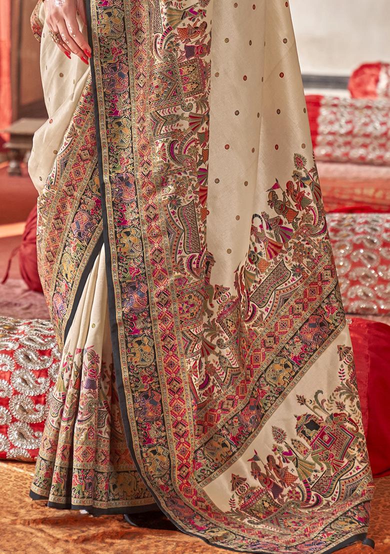 Beige Embroidered Silk Saree Set - Indya