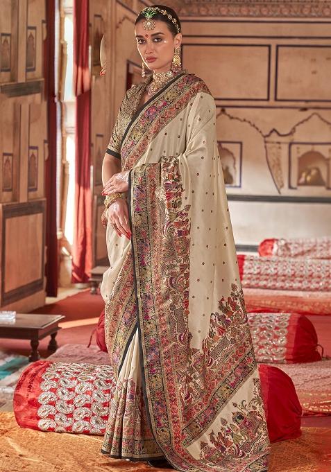 Beige Embroidered Silk Saree Set