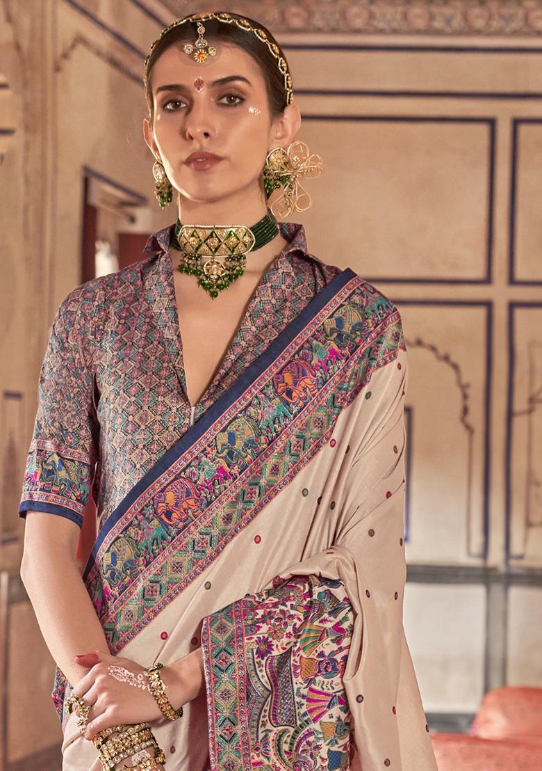 Beige Embroidered Silk Saree Set - Indya