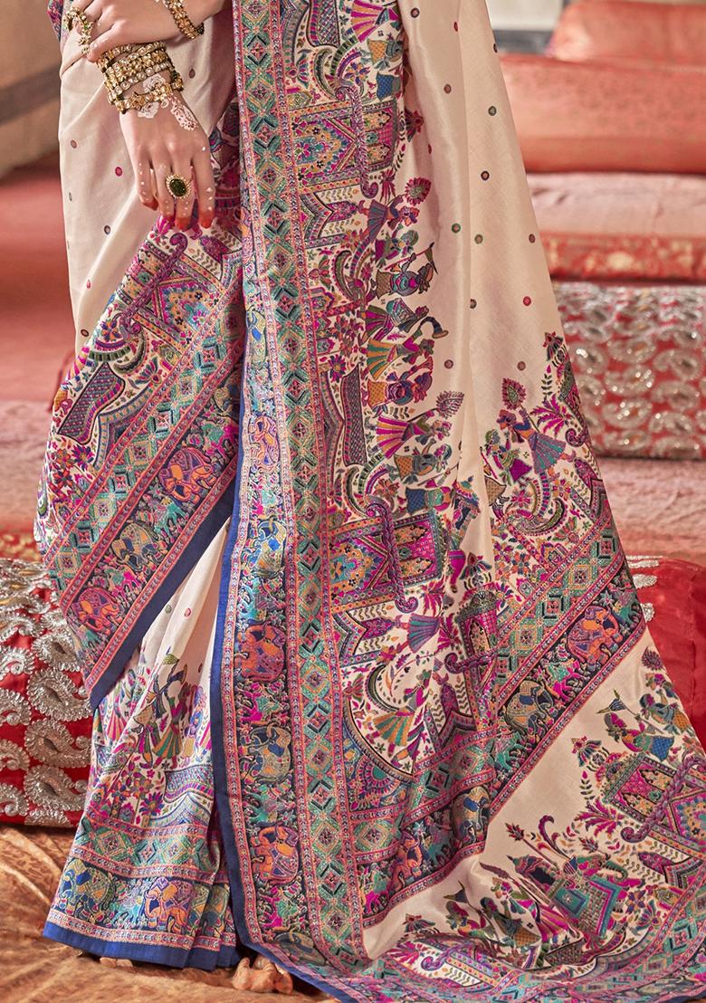 Beige Embroidered Silk Saree Set - Indya