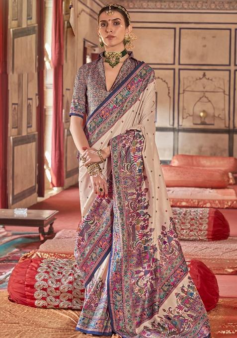 Beige Embroidered Silk Saree Set