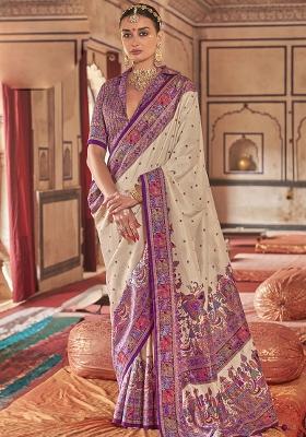 Beige Embroidered Silk Saree Set