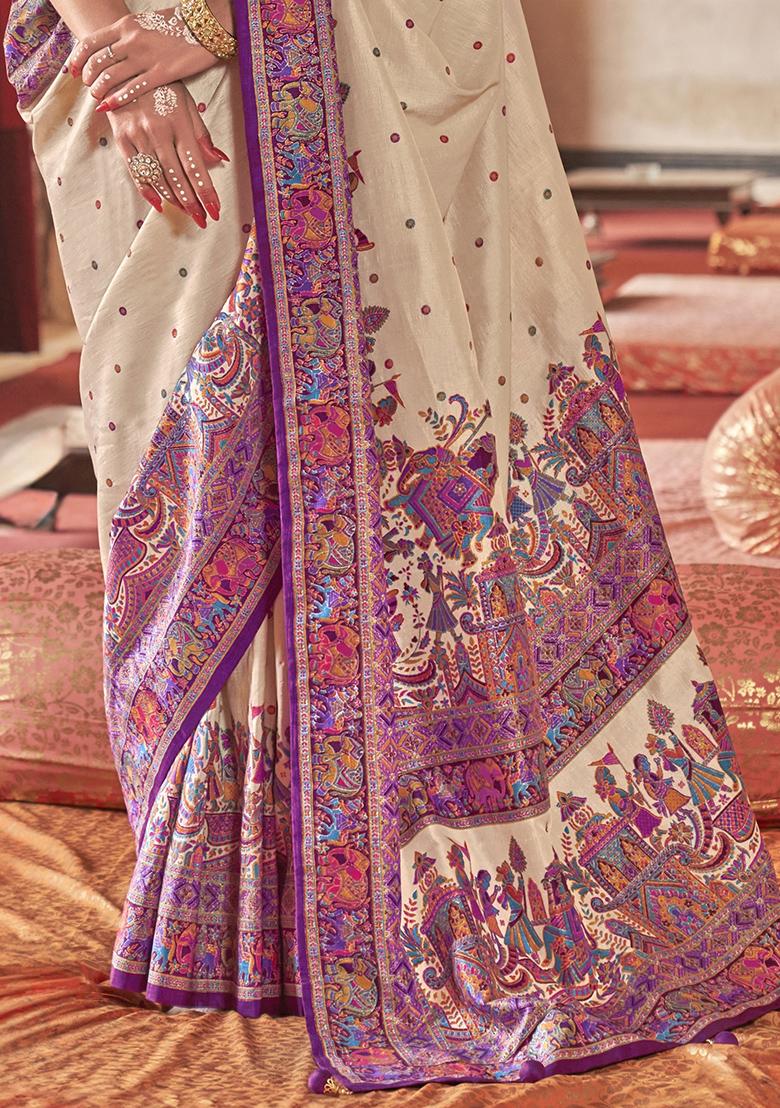 Beige Embroidered Silk Saree Set - Indya