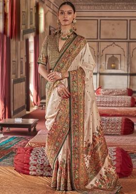 Beige Embroidered Silk Saree Set