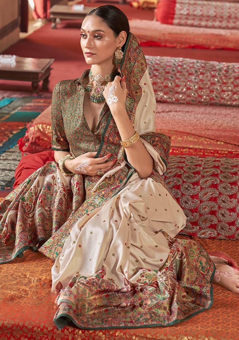 Beige Embroidered Silk Saree Set - Indya