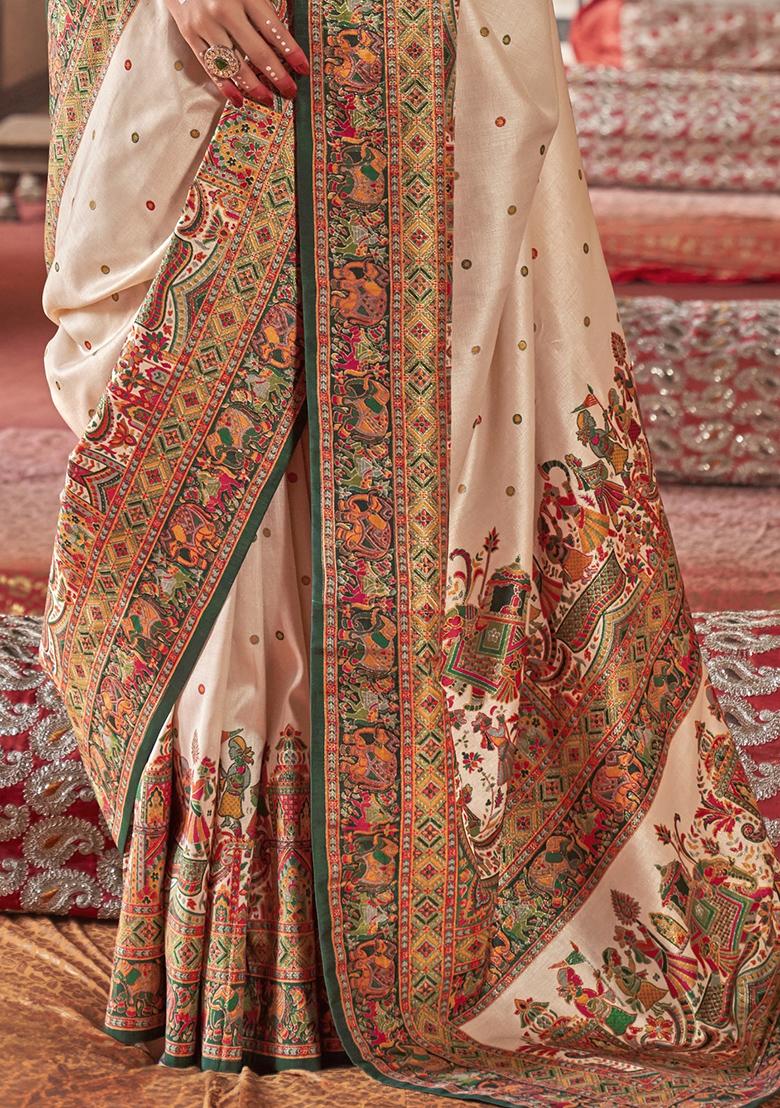 Beige Embroidered Silk Saree Set - Indya