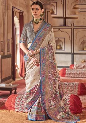 Beige Embroidered Silk Saree Set