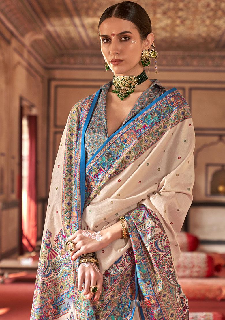 Beige Embroidered Silk Saree Set - Indya