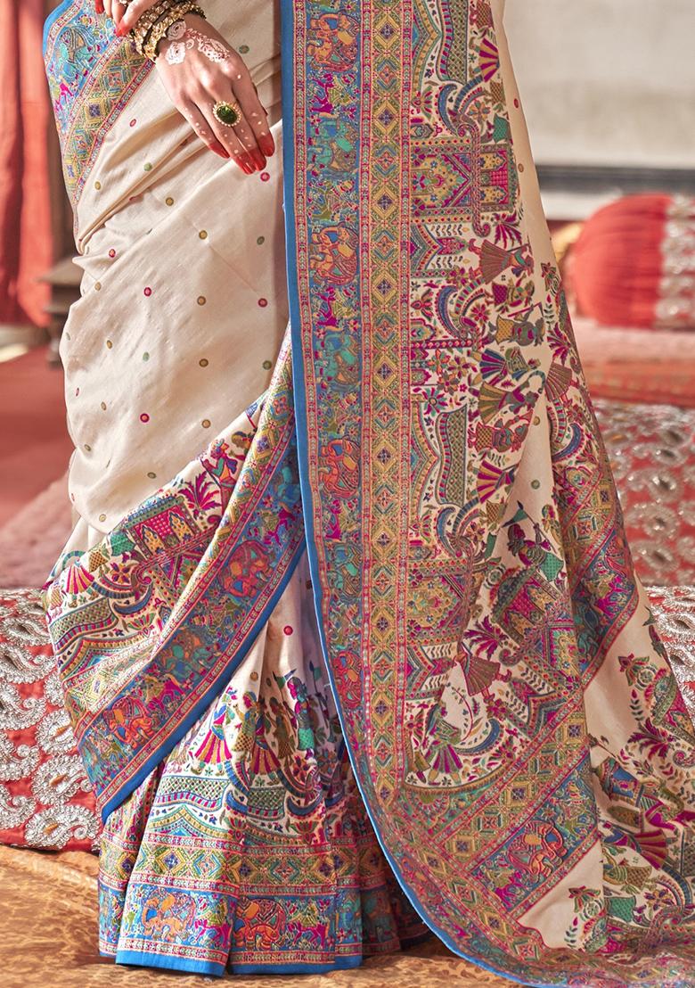 Beige Embroidered Silk Saree Set - Indya