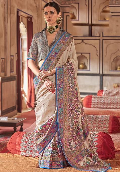 Beige Embroidered Silk Saree Set