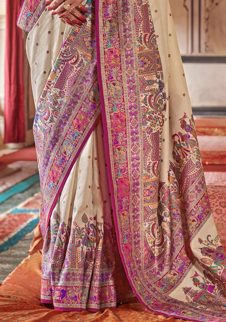 Beige Embroidered Silk Saree Set - Indya