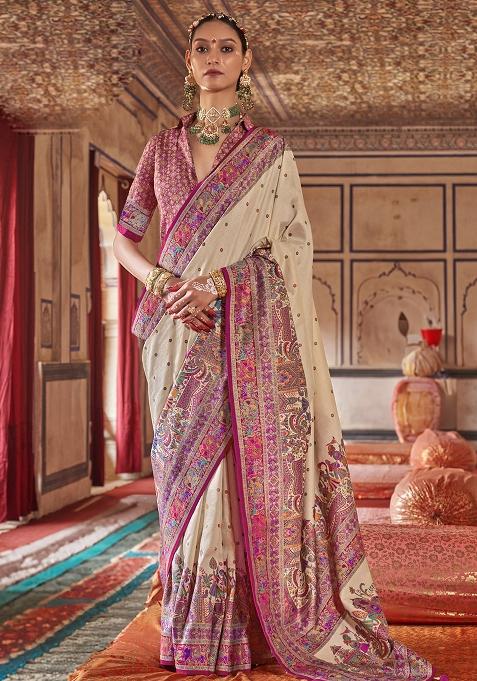 Beige Embroidered Silk Saree Set