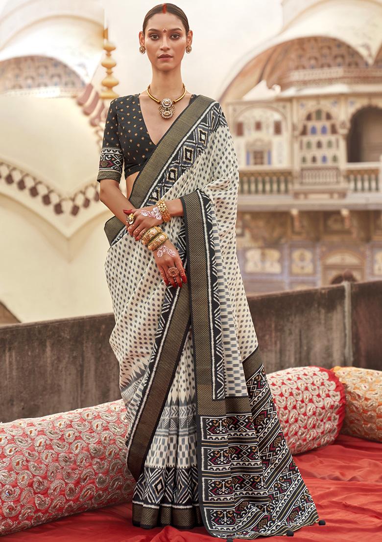 White Embroidered Silk Saree Set - Indya