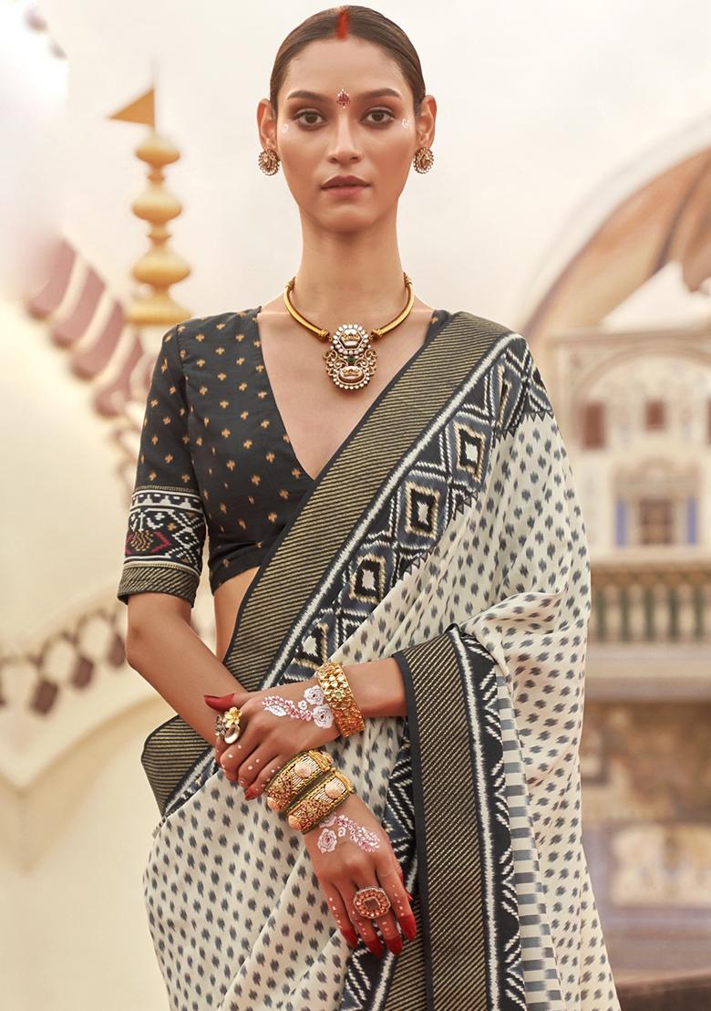 White Embroidered Silk Saree Set - Indya