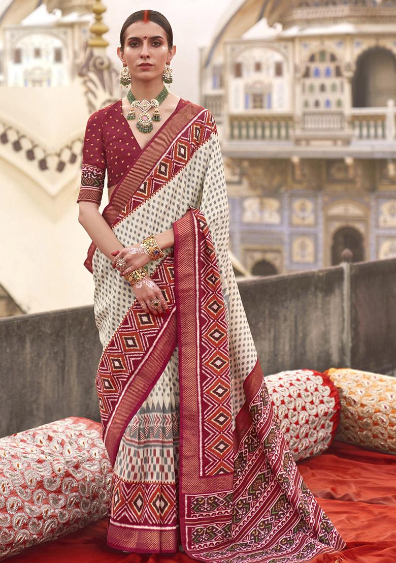 White Embroidered Silk Saree Set - Indya