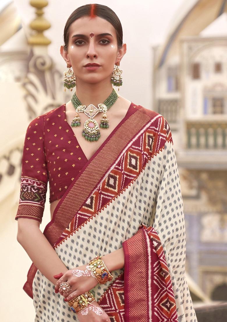 White Embroidered Silk Saree Set - Indya