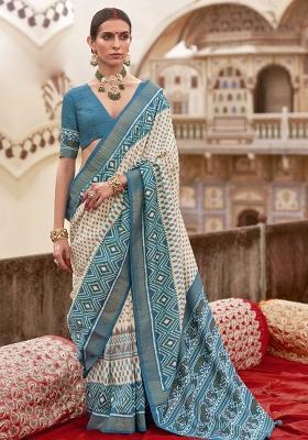 White Embroidered Silk Saree Set