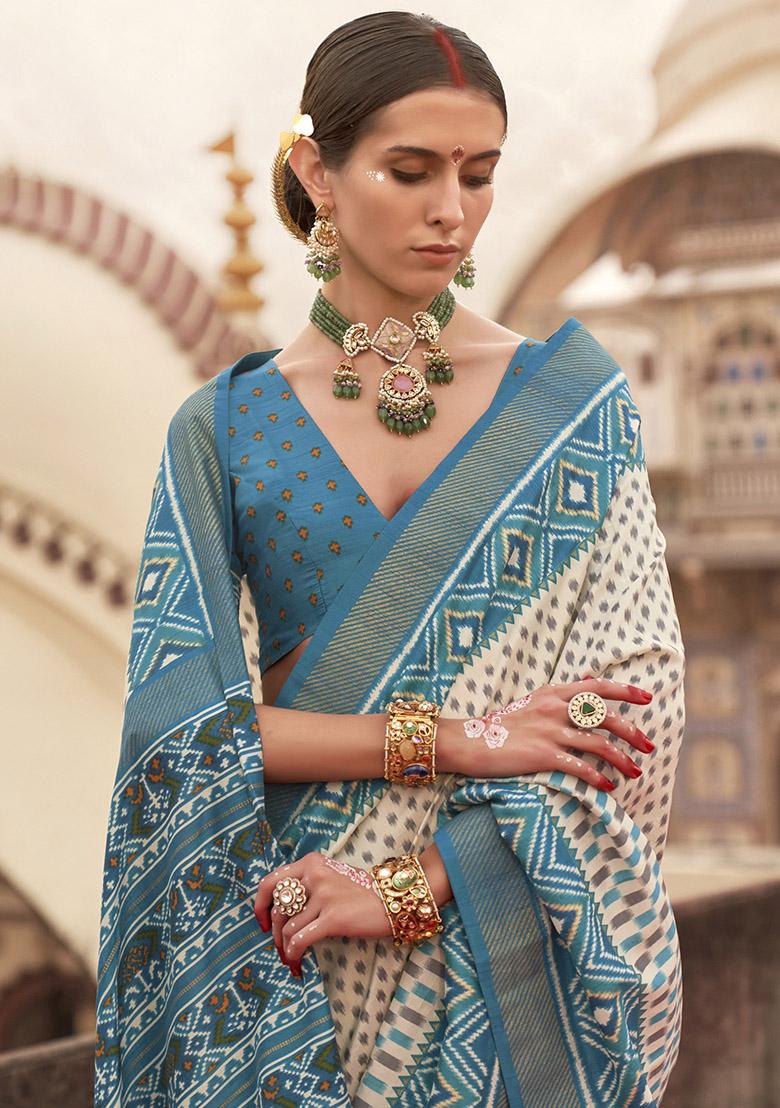 White Embroidered Silk Saree Set - Indya