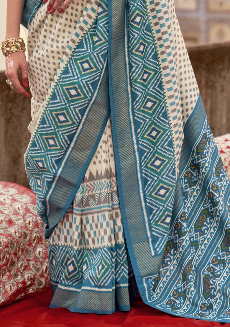 White Embroidered Silk Saree Set - Indya