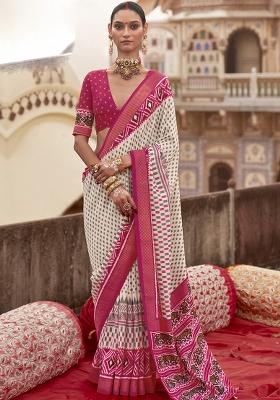 White Embroidered Silk Saree Set