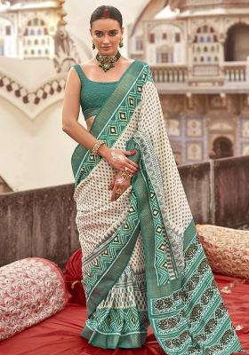 White Embroidered Silk Saree Set