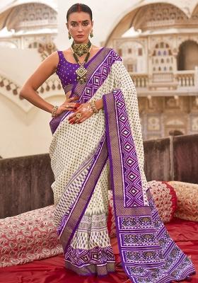 White Embroidered Silk Saree Set