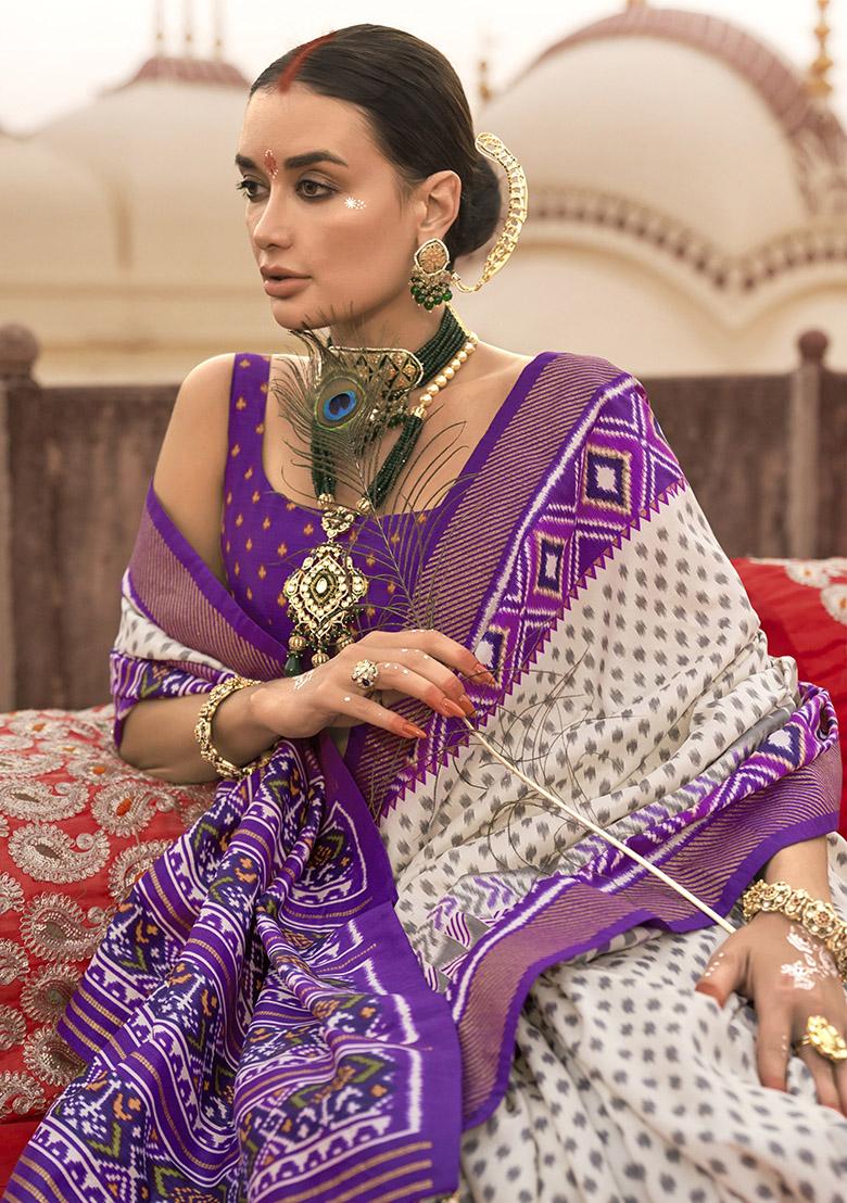 White Embroidered Silk Saree Set - Indya