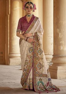 White Embroidered Silk Saree Set